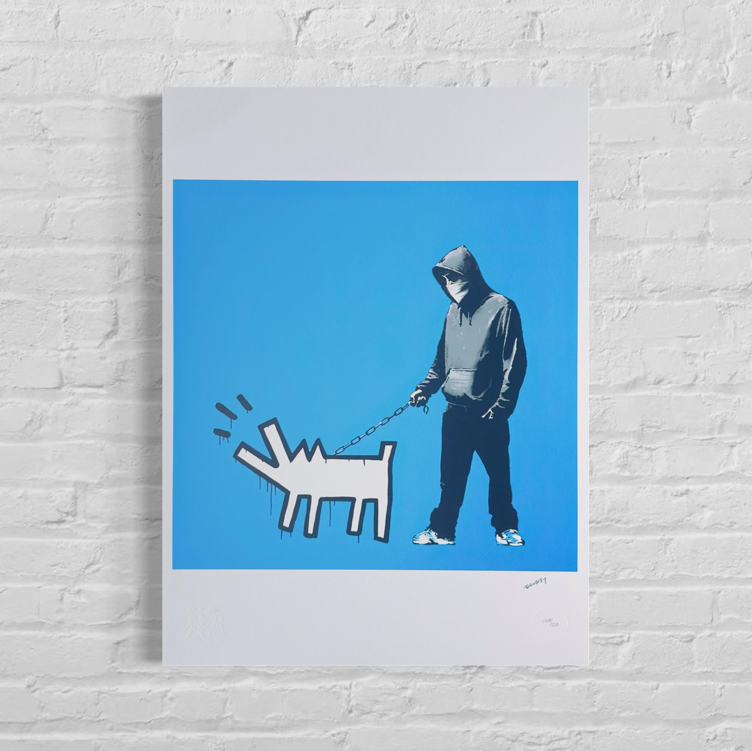 Genummerde editie BANKSY Barking dog (blauw) Gesigneerd - certificaat - Wall Art, Grafitti Art, Lithograph, Stencil Art